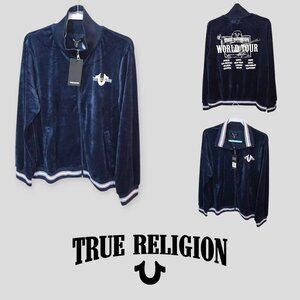 *NEW*  True Religion  Navy Velvet Mens Velour Tour Logo Track Jacket Large